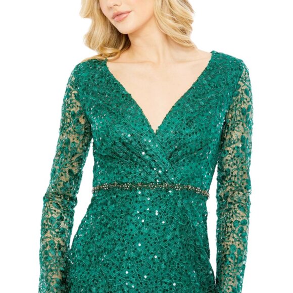 Mac Duggal 68016 Womens Size 14 Green Embellished Long Sleeve Gown Maxi Dress - Picture 3 of 15